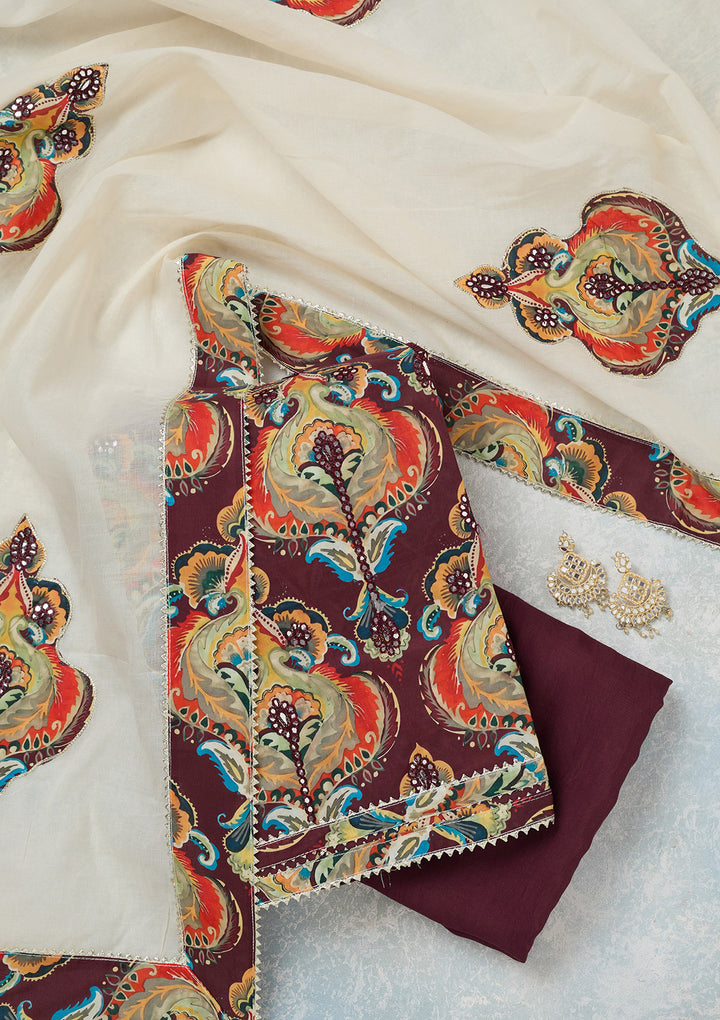 Brown Threadwork Cotton Unstitched Salwar Suit