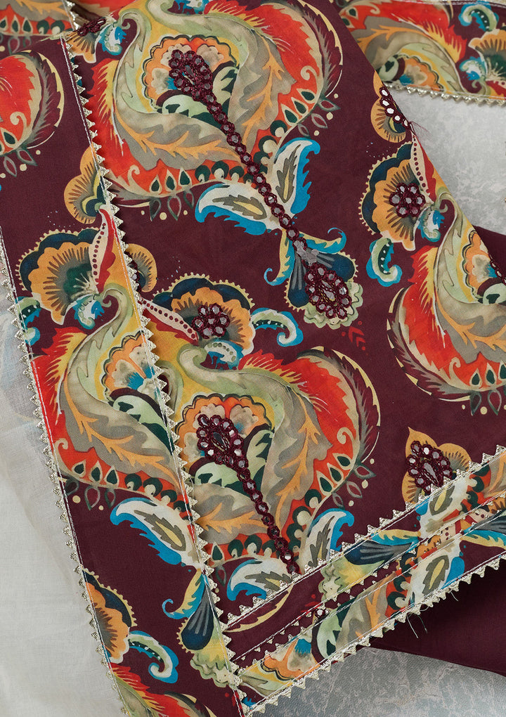 Brown Threadwork Cotton Unstitched Salwar Suit