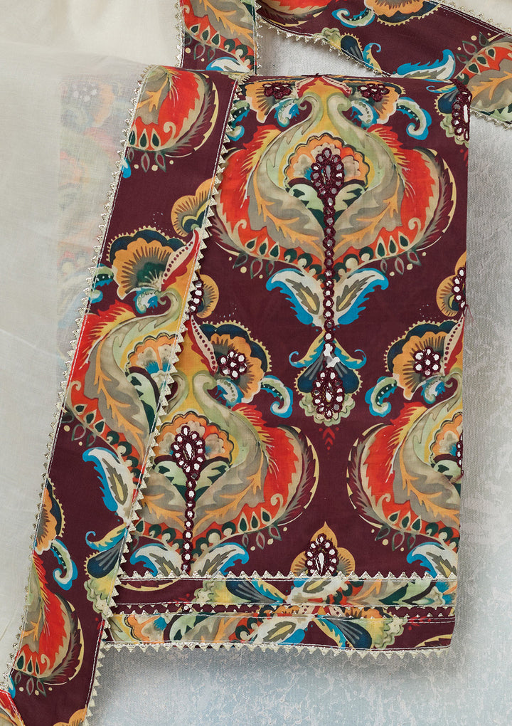 Brown Threadwork Cotton Unstitched Salwar Suit