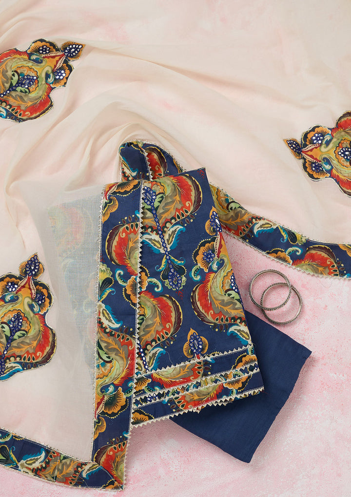 Peacock Blue Threadwork Cotton Unstitched Salwar Suit