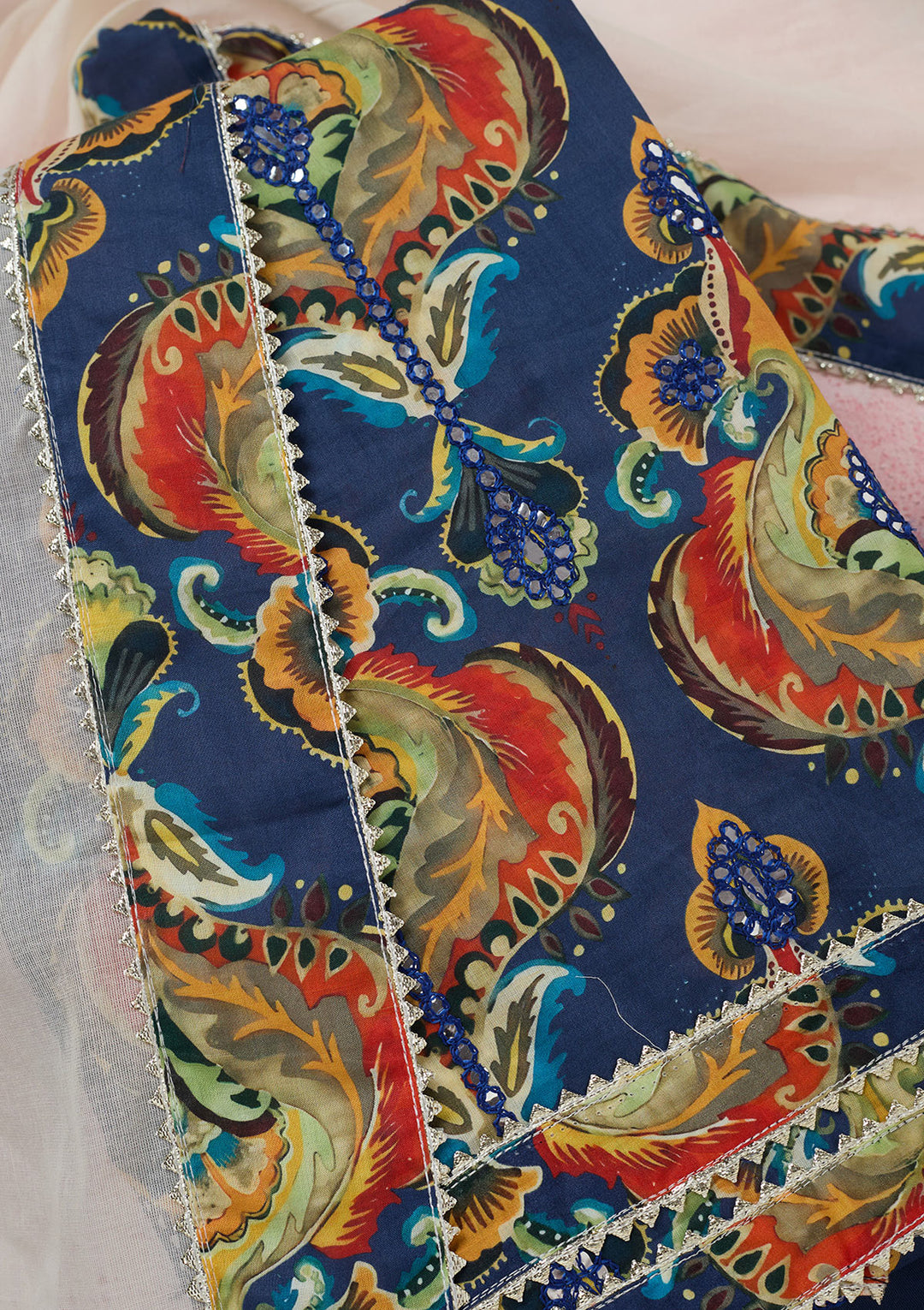 Peacock Blue Threadwork Cotton Unstitched Salwar Suit