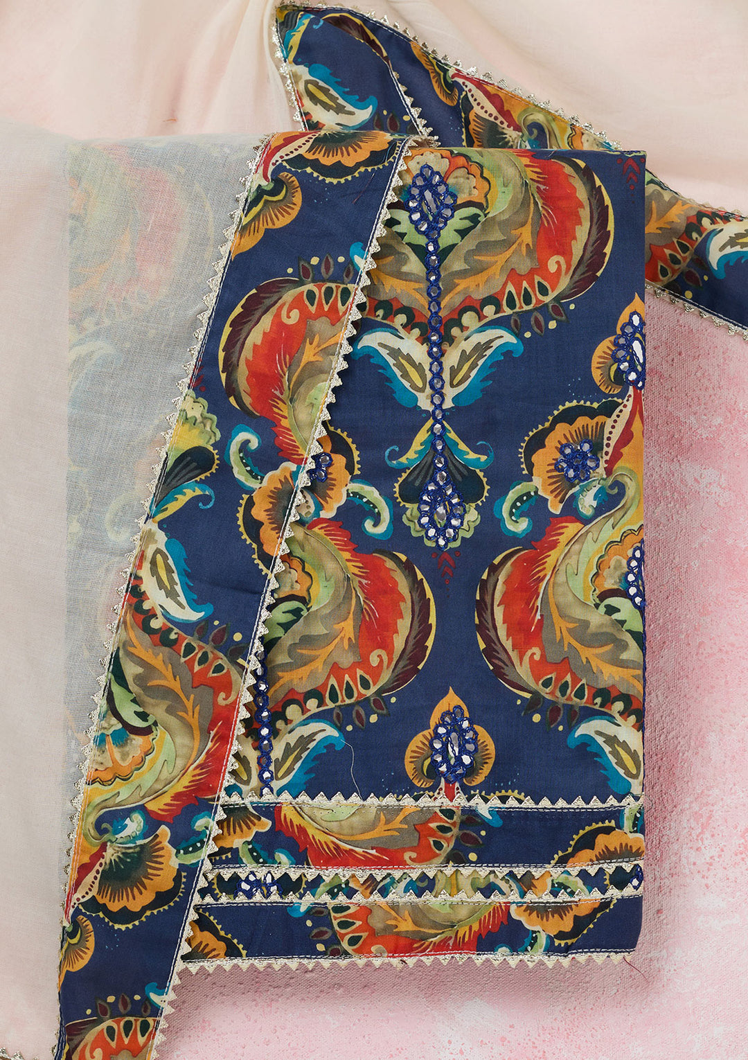Peacock Blue Threadwork Cotton Unstitched Salwar Suit