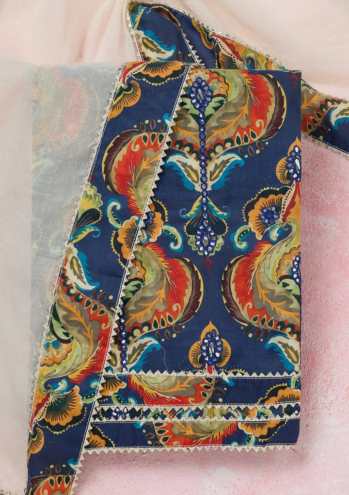 Peacock Blue Threadwork Cotton Unstitched Salwar Suit