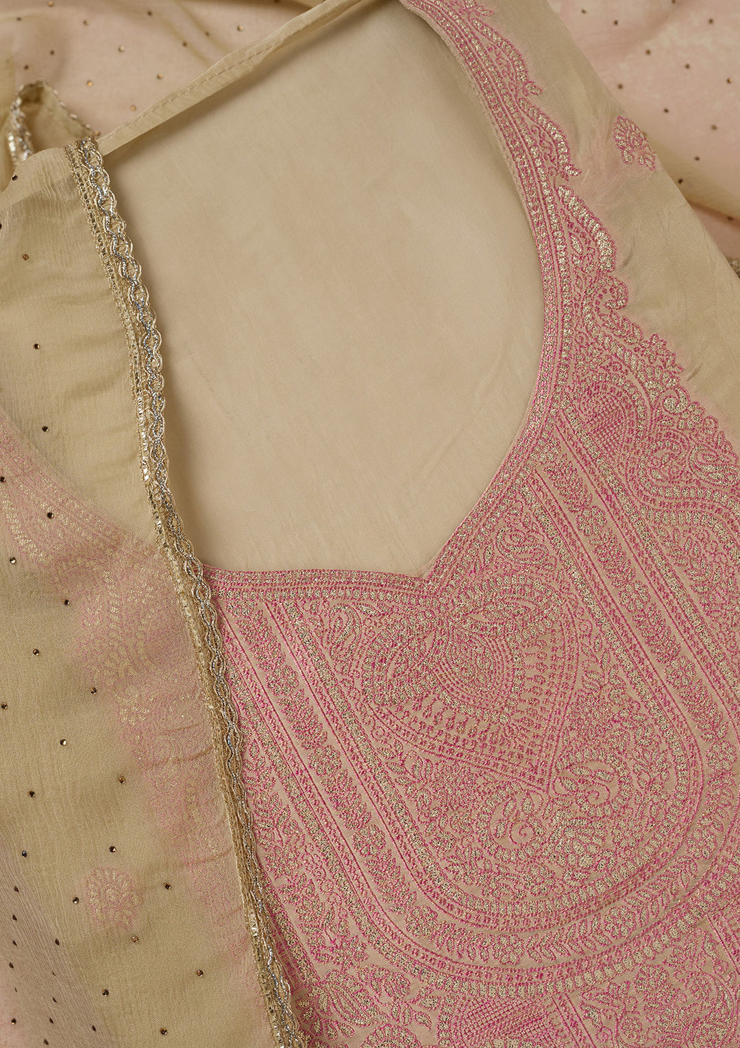 Beige Threadwork Semi Crepe Unstitched Salwar Suit