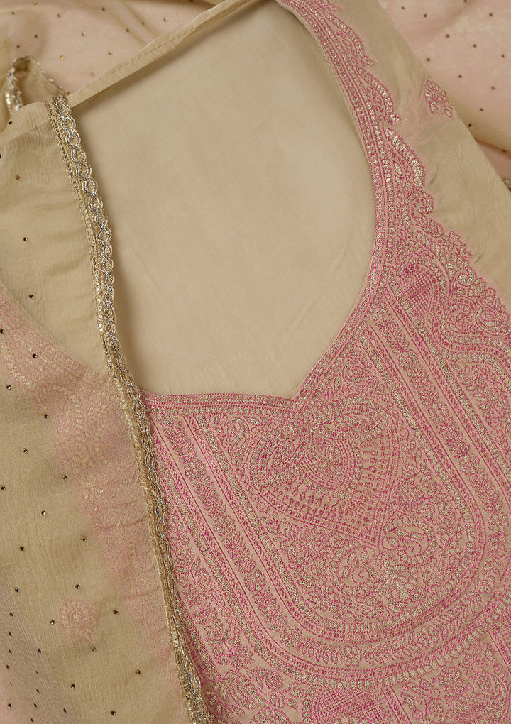 Beige Threadwork Semi Crepe Unstitched Salwar Suit