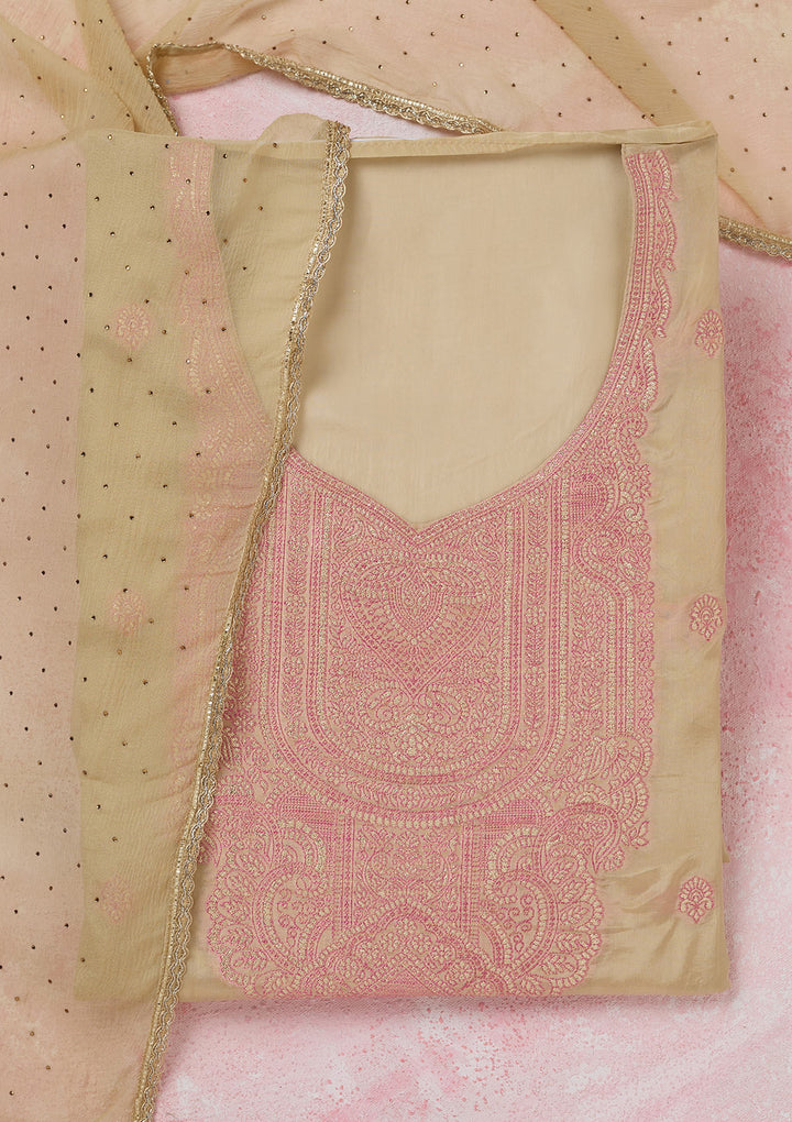 Beige Threadwork Semi Crepe Unstitched Salwar Suit