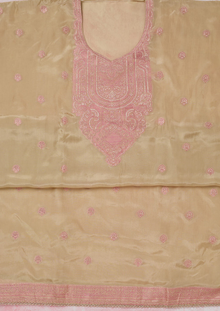 Beige Threadwork Semi Crepe Unstitched Salwar Suit