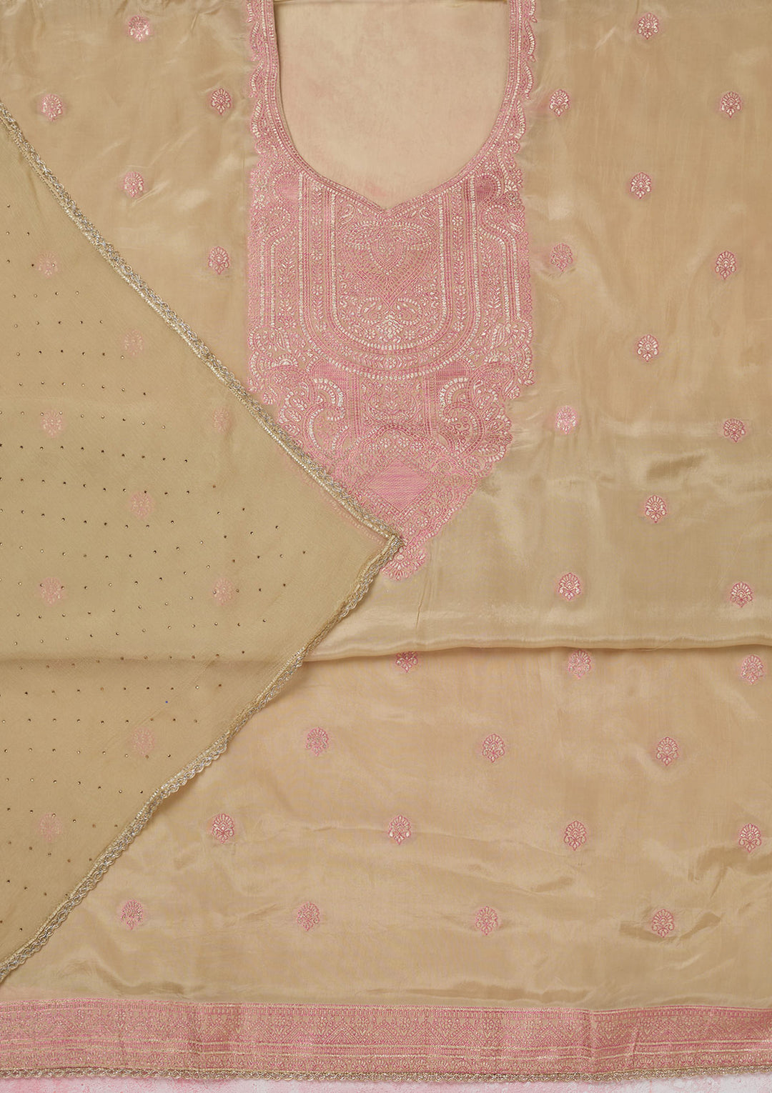 Beige Threadwork Semi Crepe Unstitched Salwar Suit