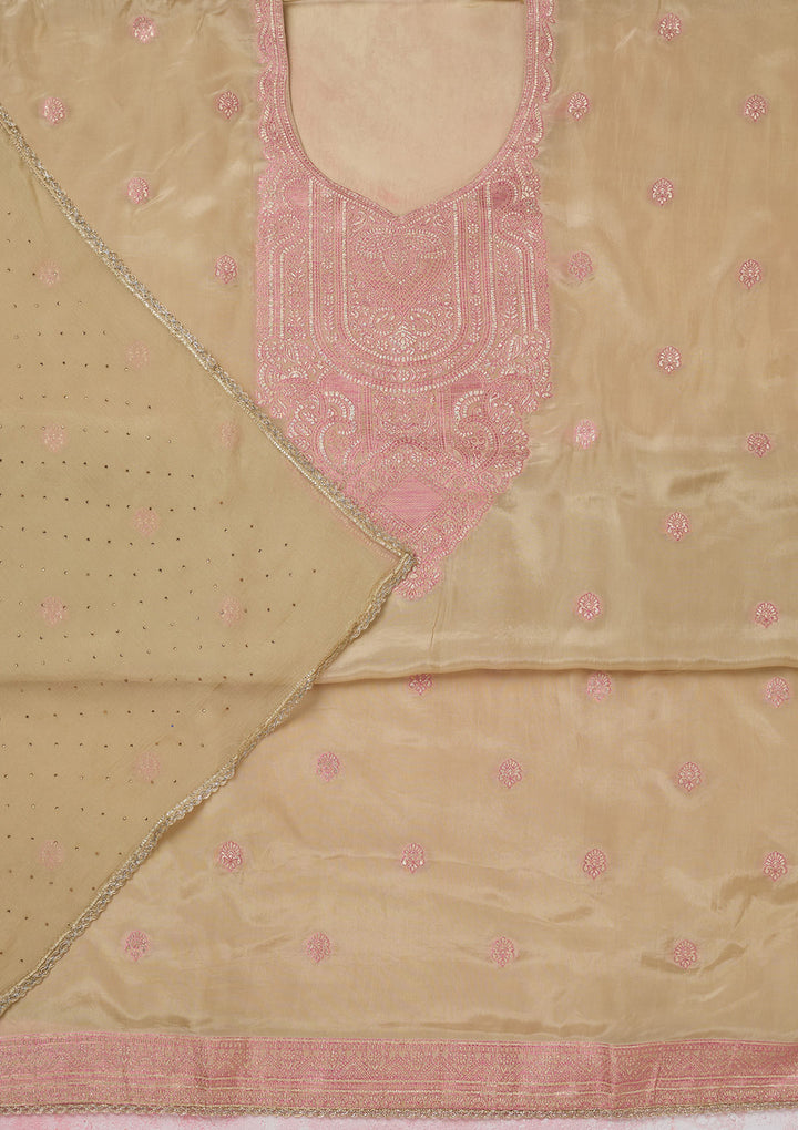Beige Threadwork Semi Crepe Unstitched Salwar Suit