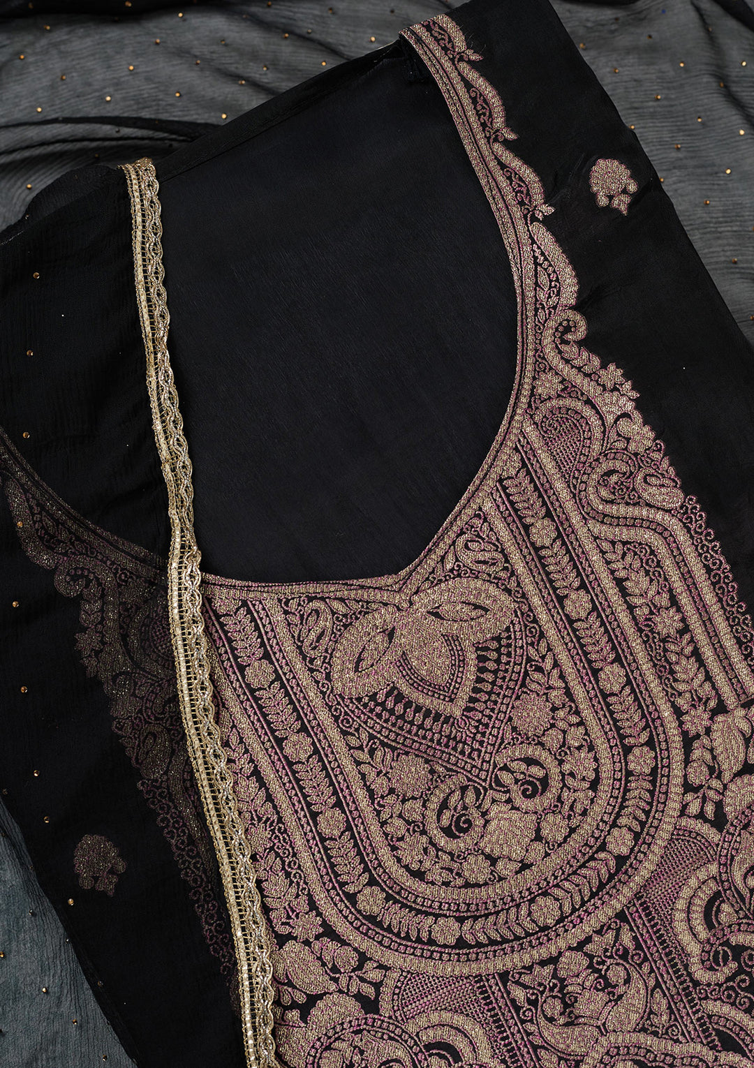 Black Threadwork Semi Crepe Unstitched Salwar Suit
