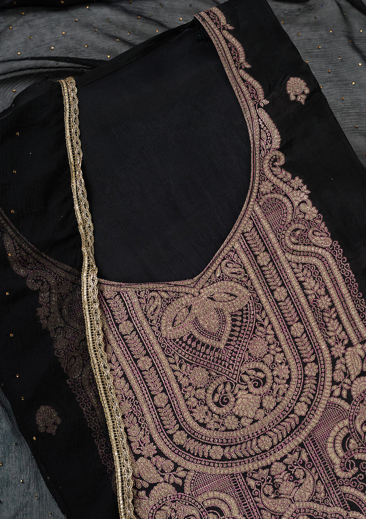 Black Threadwork Semi Crepe Unstitched Salwar Suit