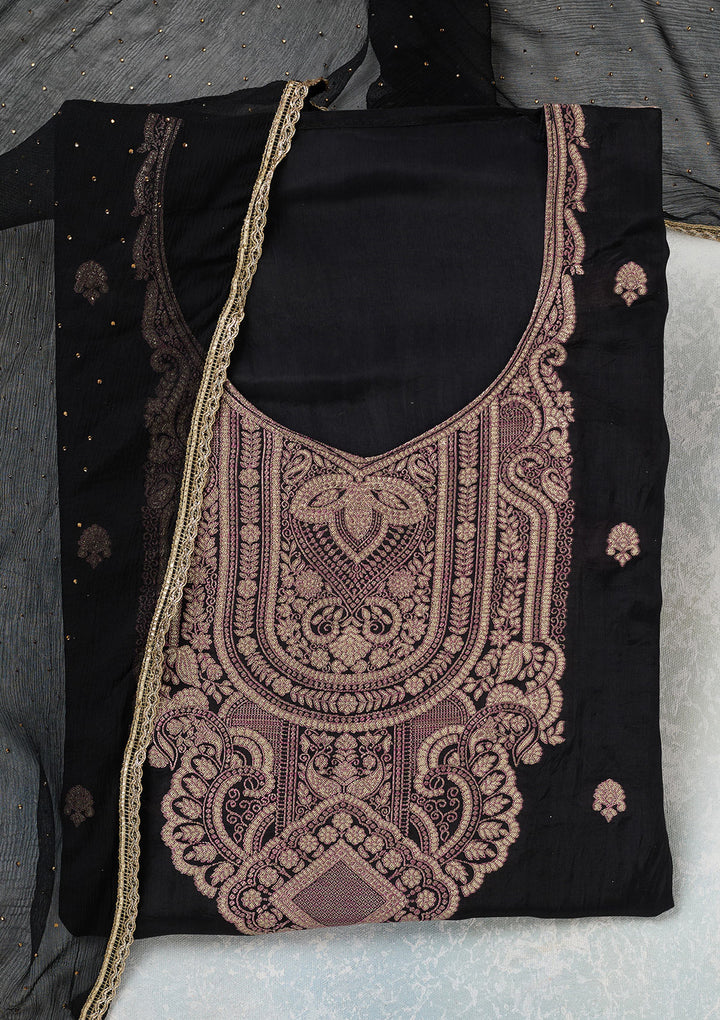 Black Threadwork Semi Crepe Unstitched Salwar Suit