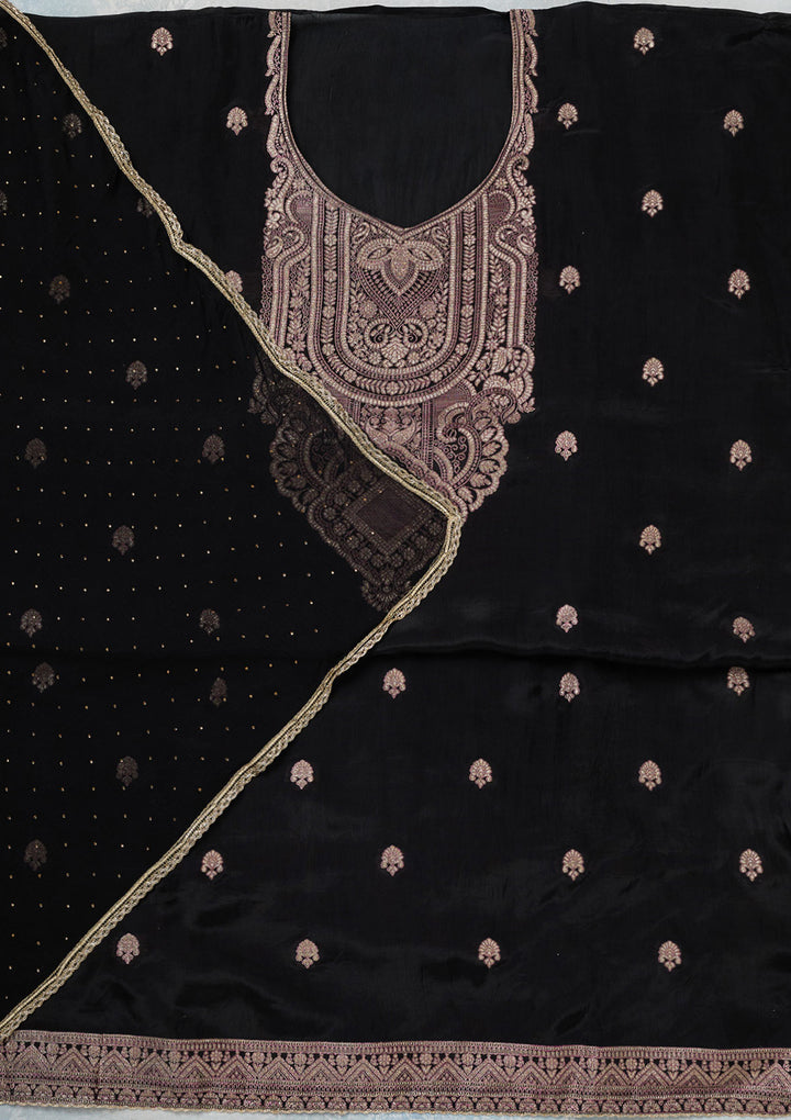 Black Threadwork Semi Crepe Unstitched Salwar Suit
