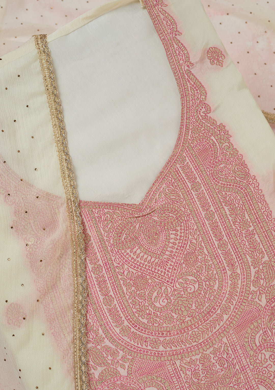 Cream Threadwork Semi Crepe Unstitched Salwar Suit