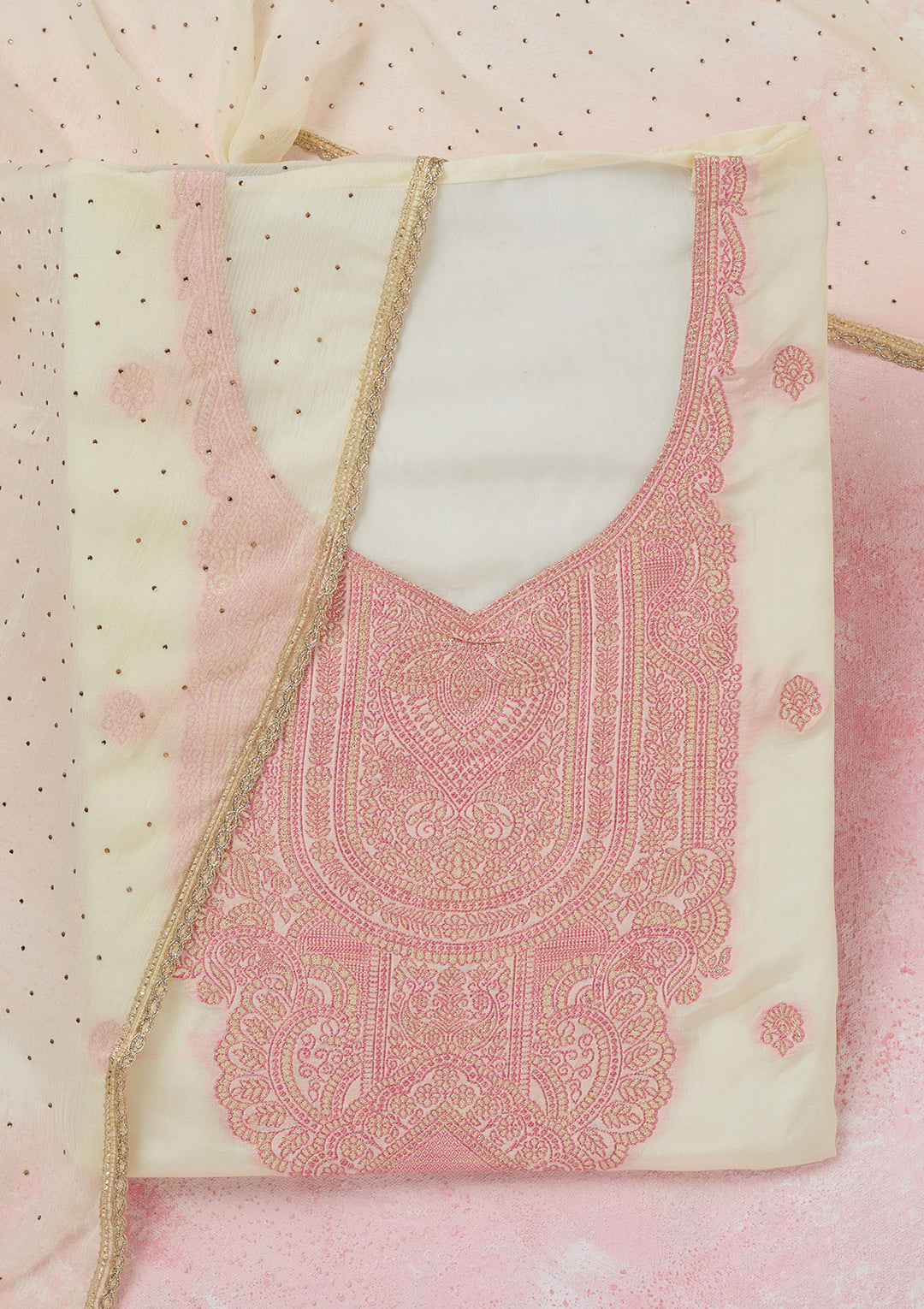 Cream Threadwork Semi Crepe Unstitched Salwar Suit