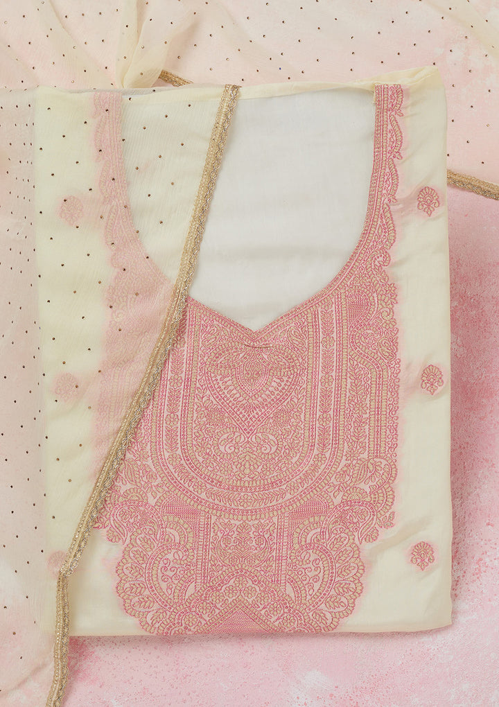 Cream Threadwork Semi Crepe Unstitched Salwar Suit