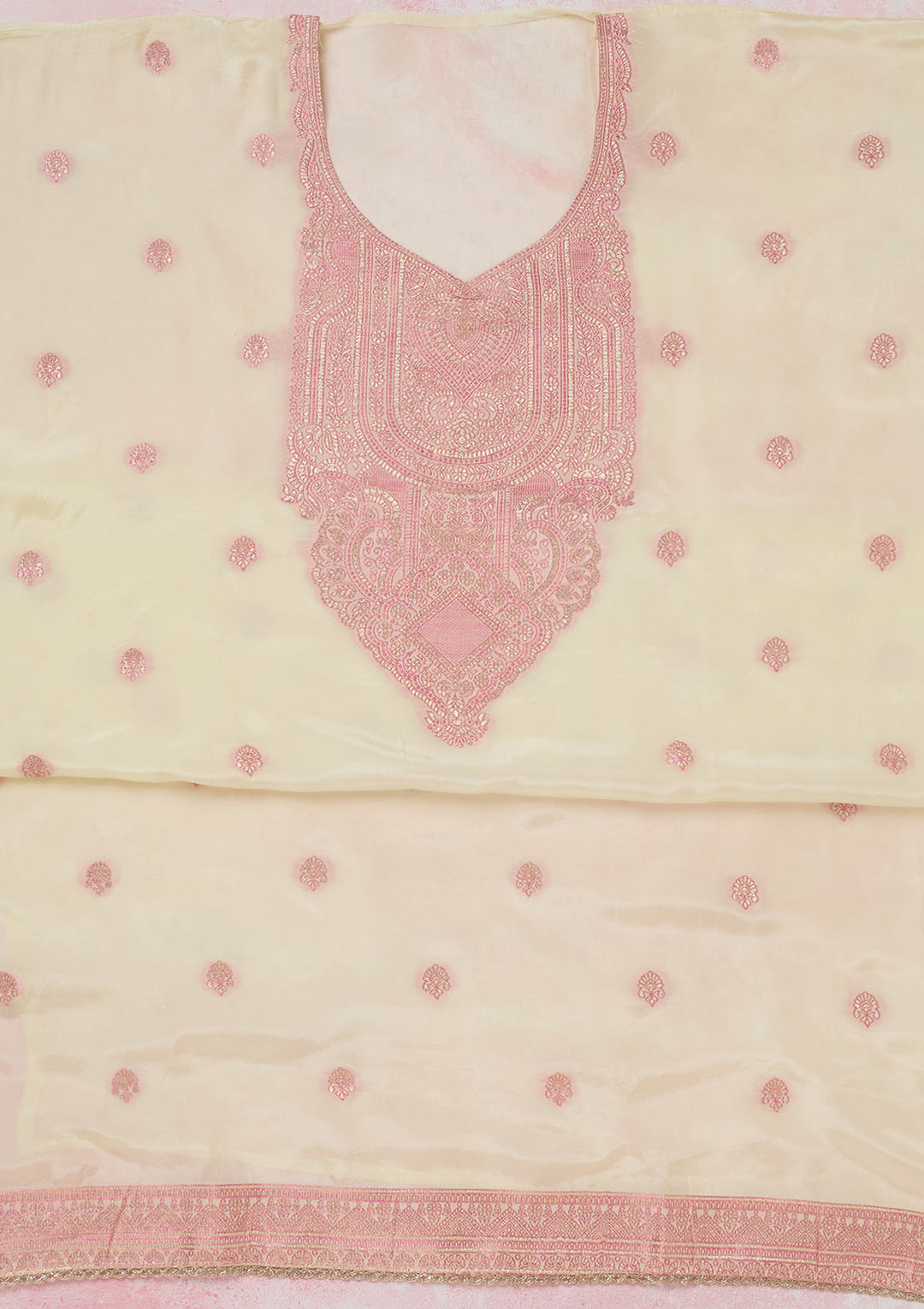 Cream Threadwork Semi Crepe Unstitched Salwar Suit