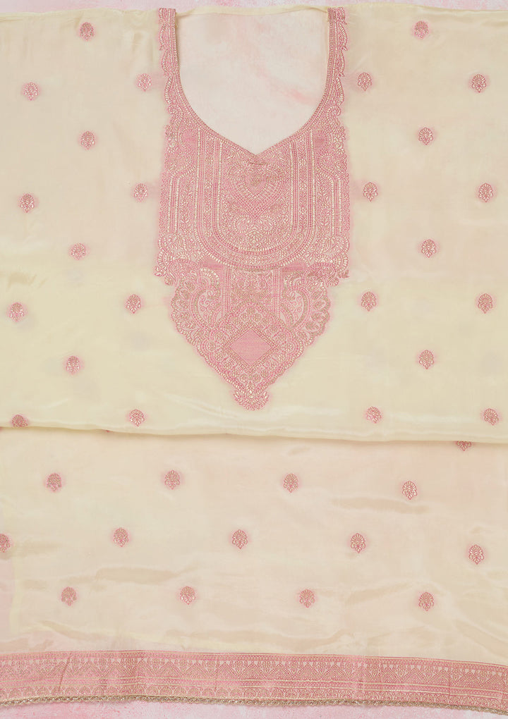 Cream Threadwork Semi Crepe Unstitched Salwar Suit