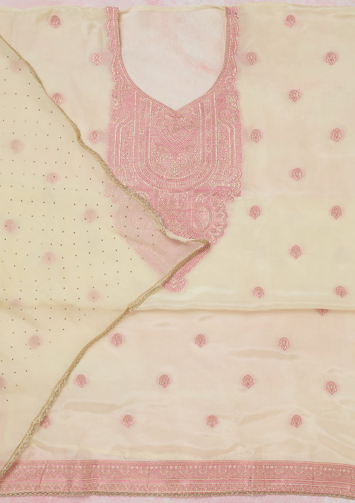 Cream Threadwork Semi Crepe Unstitched Salwar Suit