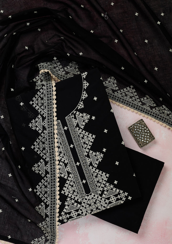 Black Threadwork Semi Crepe Unstitched Salwar Suit