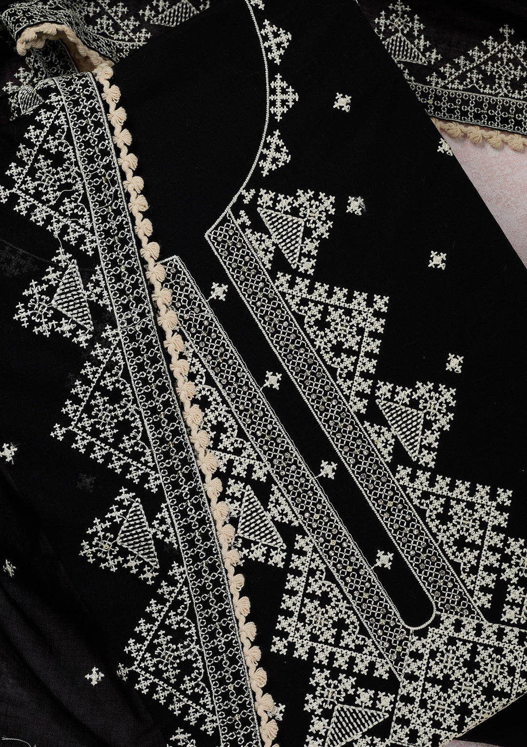 Black Threadwork Semi Crepe Unstitched Salwar Suit