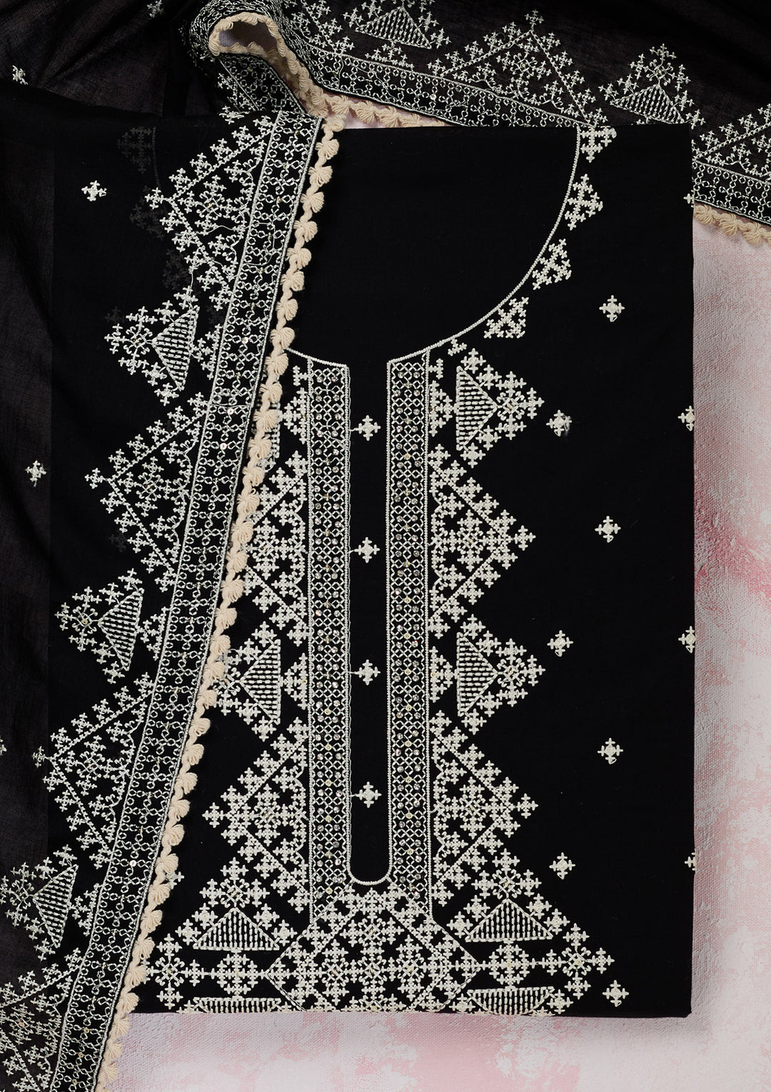 Black Threadwork Semi Crepe Unstitched Salwar Suit