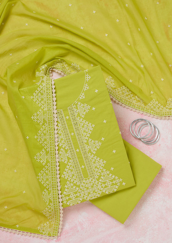 Lime Green Threadwork Semi Crepe Unstitched Salwar Suit