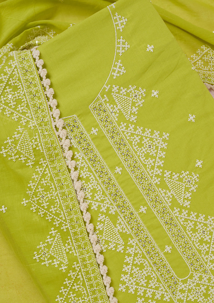 Lime Green Threadwork Semi Crepe Unstitched Salwar Suit
