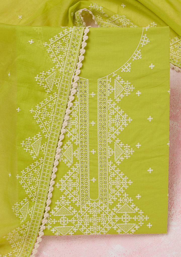 Lime Green Threadwork Semi Crepe Unstitched Salwar Suit