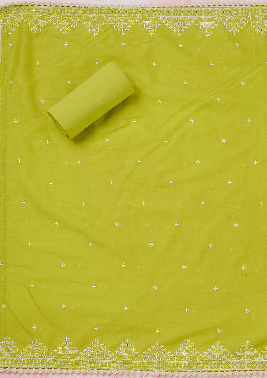 Lime Green Threadwork Semi Crepe Unstitched Salwar Suit