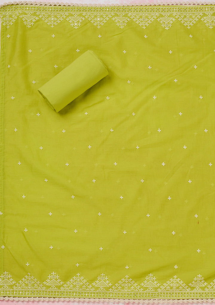 Lime Green Threadwork Semi Crepe Unstitched Salwar Suit