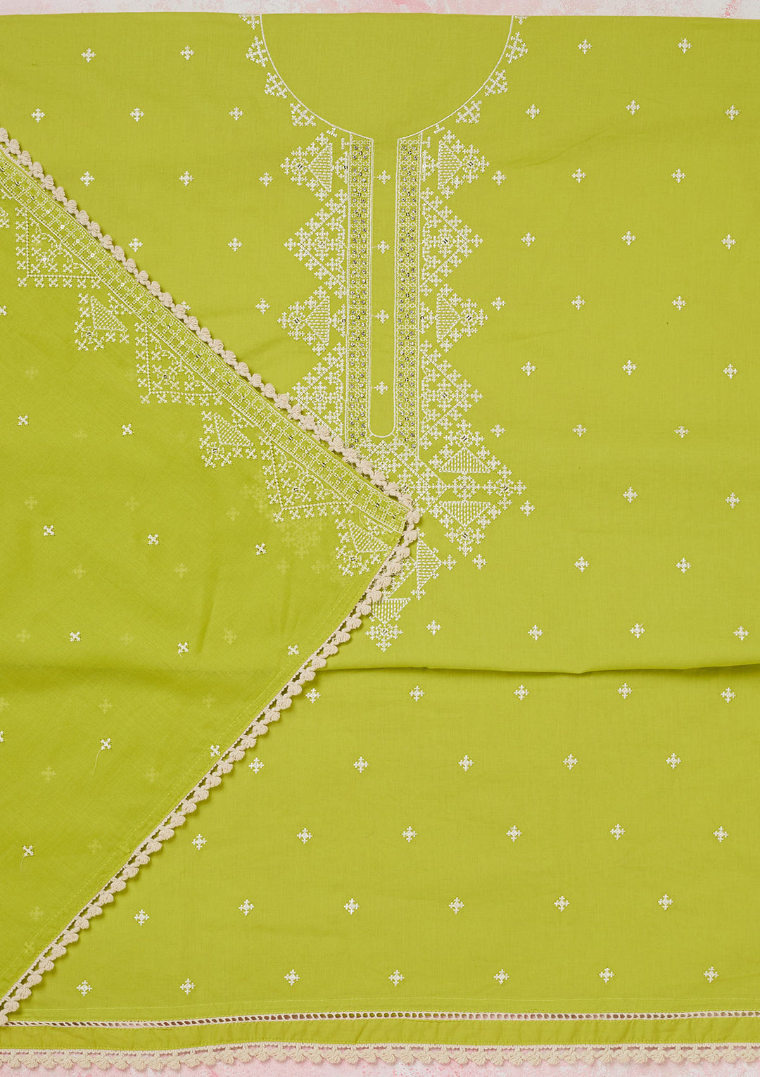 Lime Green Threadwork Semi Crepe Unstitched Salwar Suit