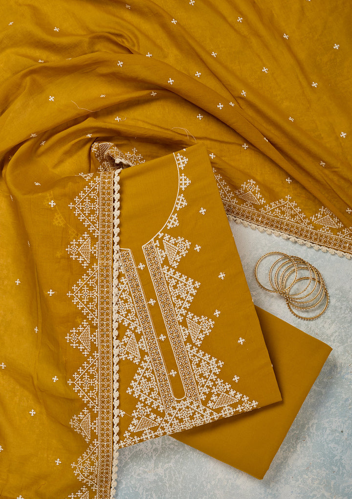 Mustard Threadwork Semi Crepe Unstitched Salwar Suit
