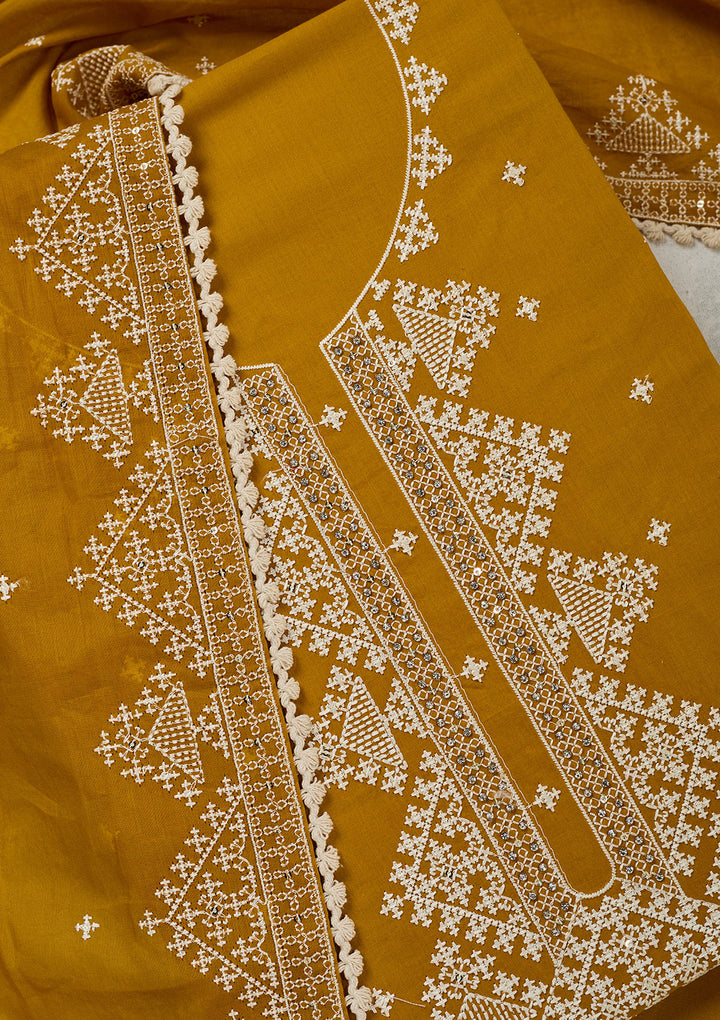 Mustard Threadwork Semi Crepe Unstitched Salwar Suit