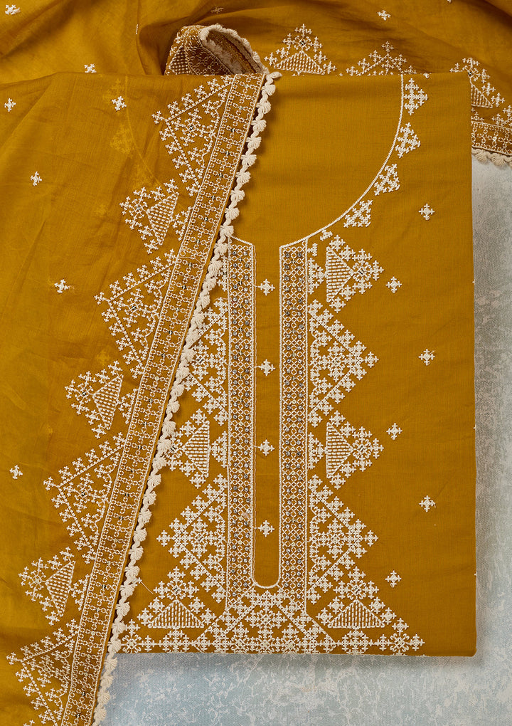 Mustard Threadwork Semi Crepe Unstitched Salwar Suit