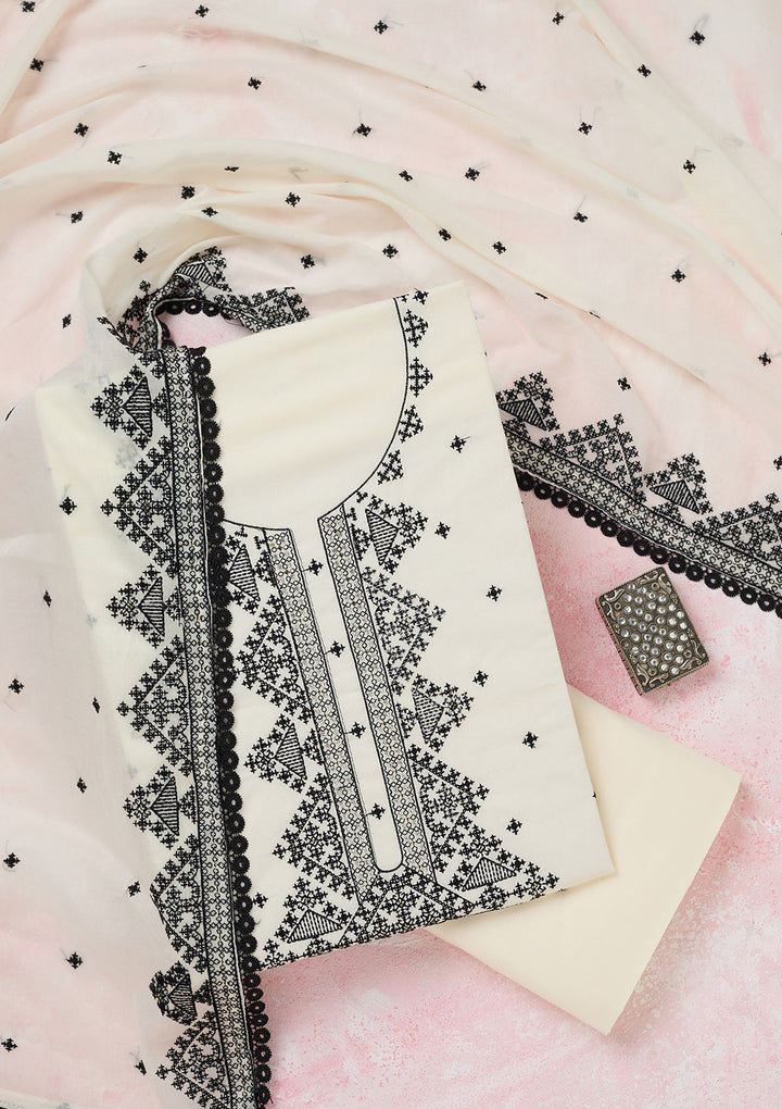 Off White Threadwork Semi Crepe Unstitched Salwar Suit