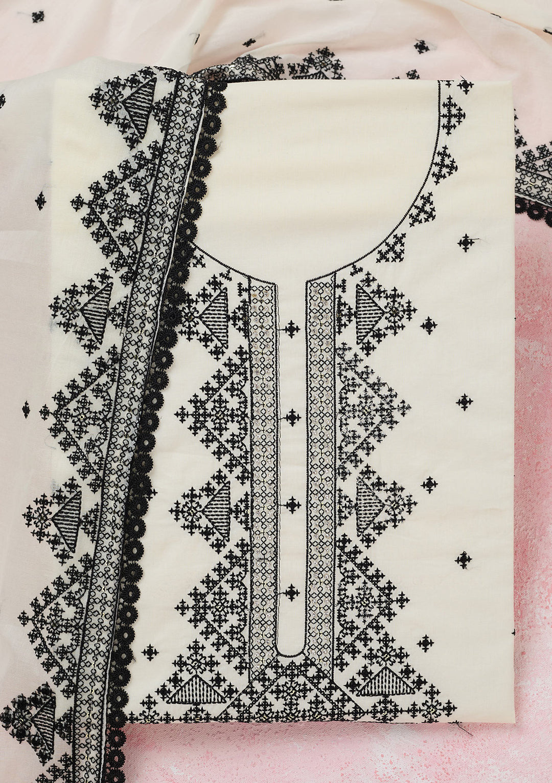 Off White Threadwork Semi Crepe Unstitched Salwar Suit