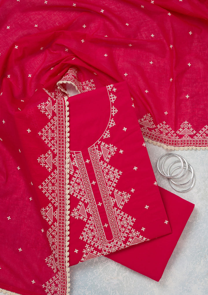 Rani Pink Threadwork Semi Crepe Unstitched Salwar Suit