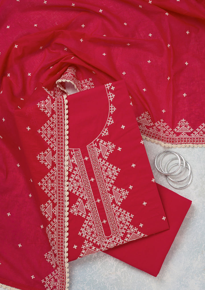 Red Threadwork Semi Crepe Unstitched Salwar Suit