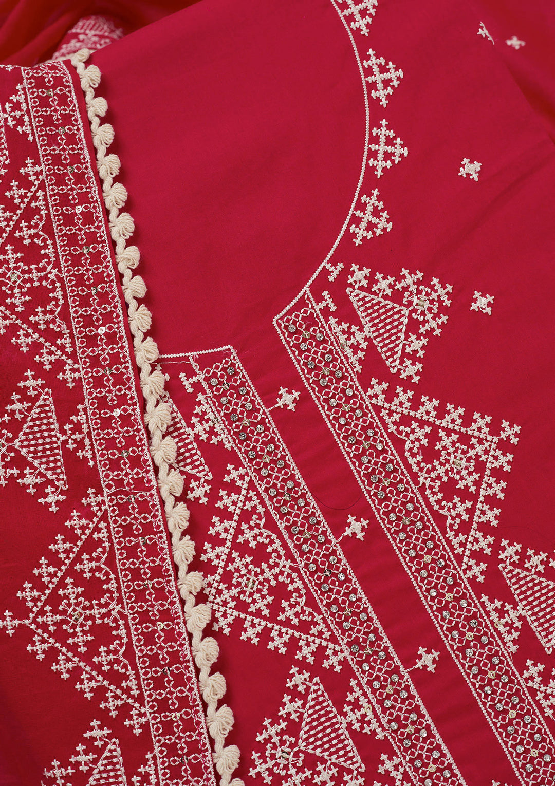 Red Threadwork Semi Crepe Unstitched Salwar Suit