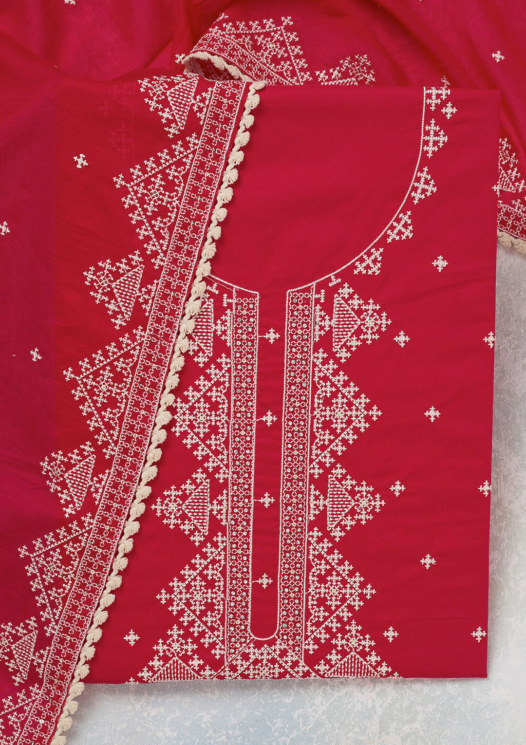 Red Threadwork Semi Crepe Unstitched Salwar Suit