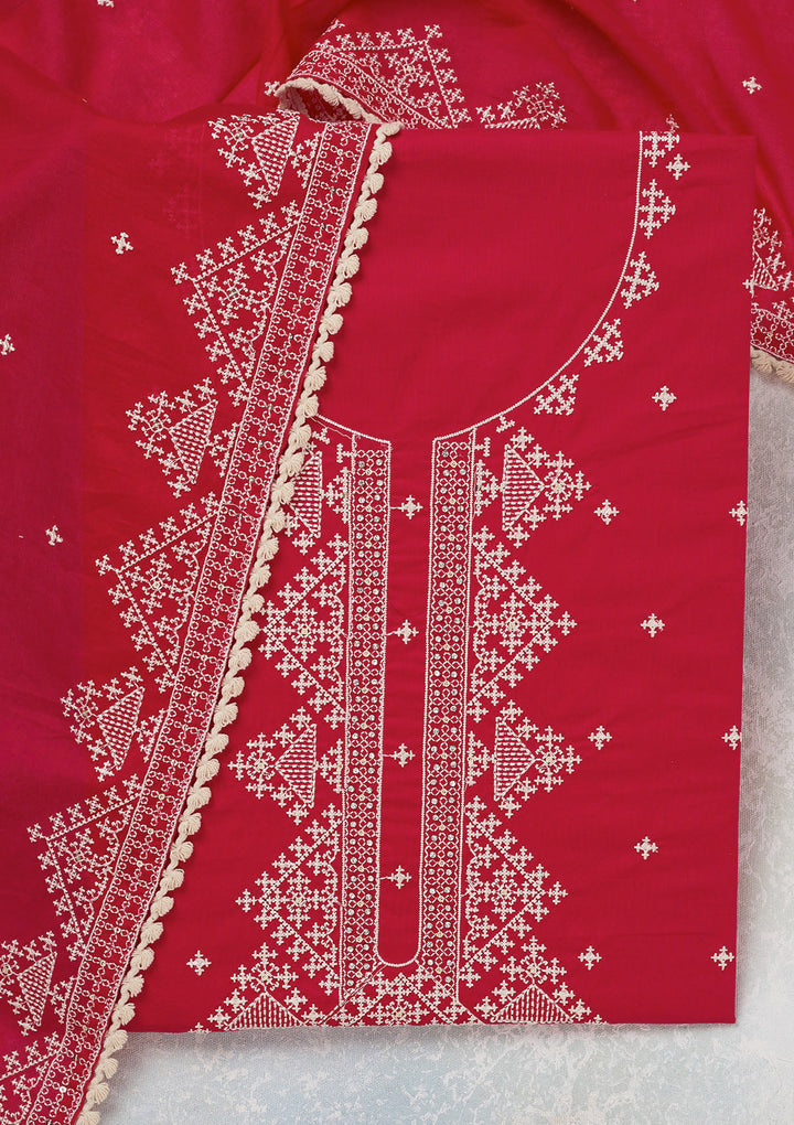 Red Threadwork Semi Crepe Unstitched Salwar Suit