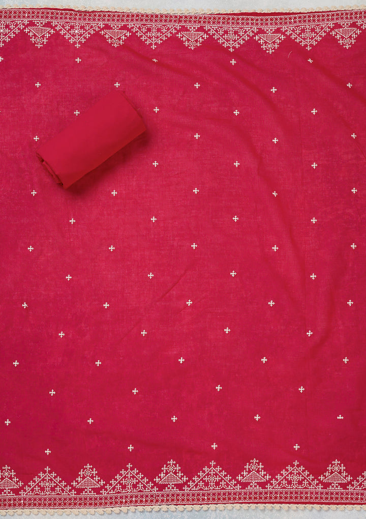 Red Threadwork Semi Crepe Unstitched Salwar Suit