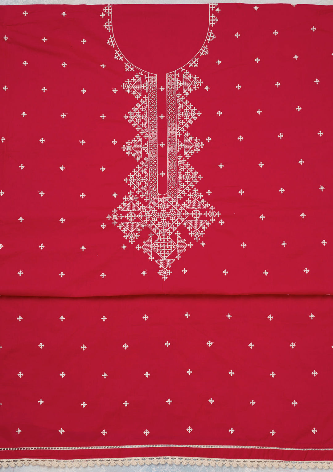 Red Threadwork Semi Crepe Unstitched Salwar Suit