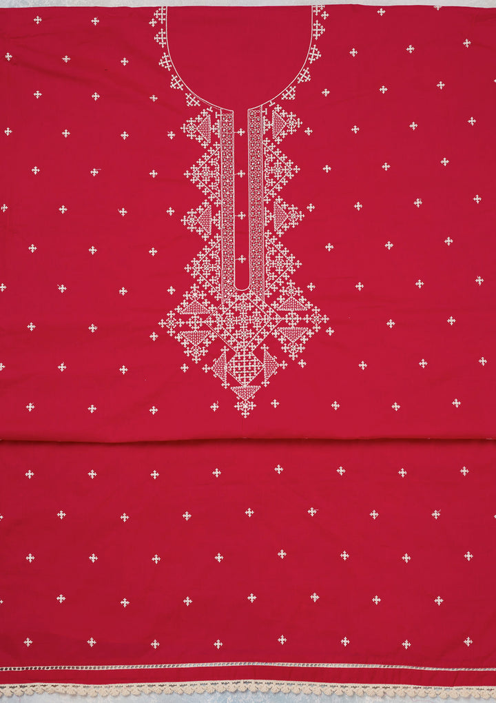 Red Threadwork Semi Crepe Unstitched Salwar Suit