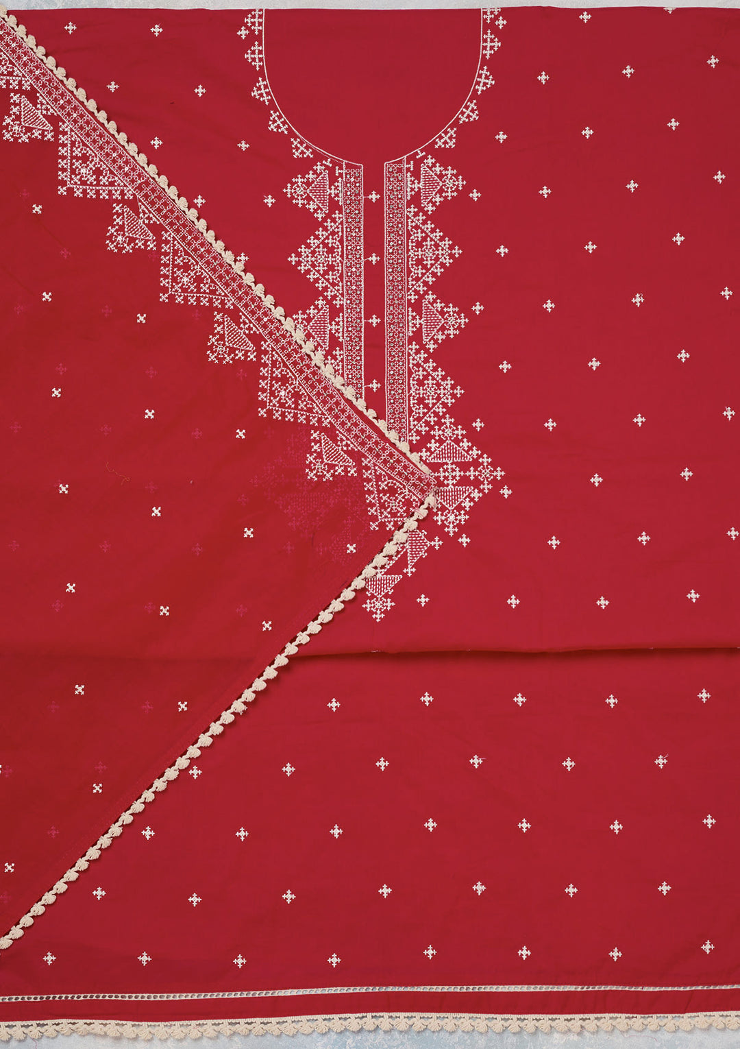 Red Threadwork Semi Crepe Unstitched Salwar Suit