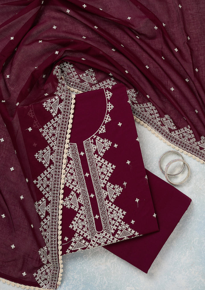 Wine Threadwork Semi Crepe Unstitched Salwar Suit