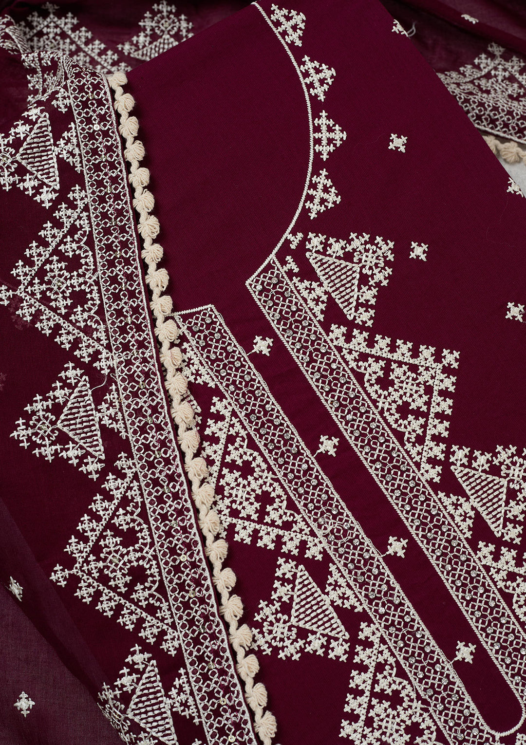 Wine Threadwork Semi Crepe Unstitched Salwar Suit