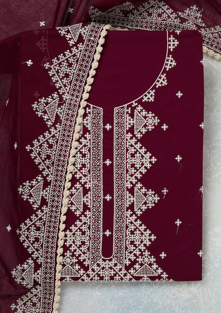 Wine Threadwork Semi Crepe Unstitched Salwar Suit