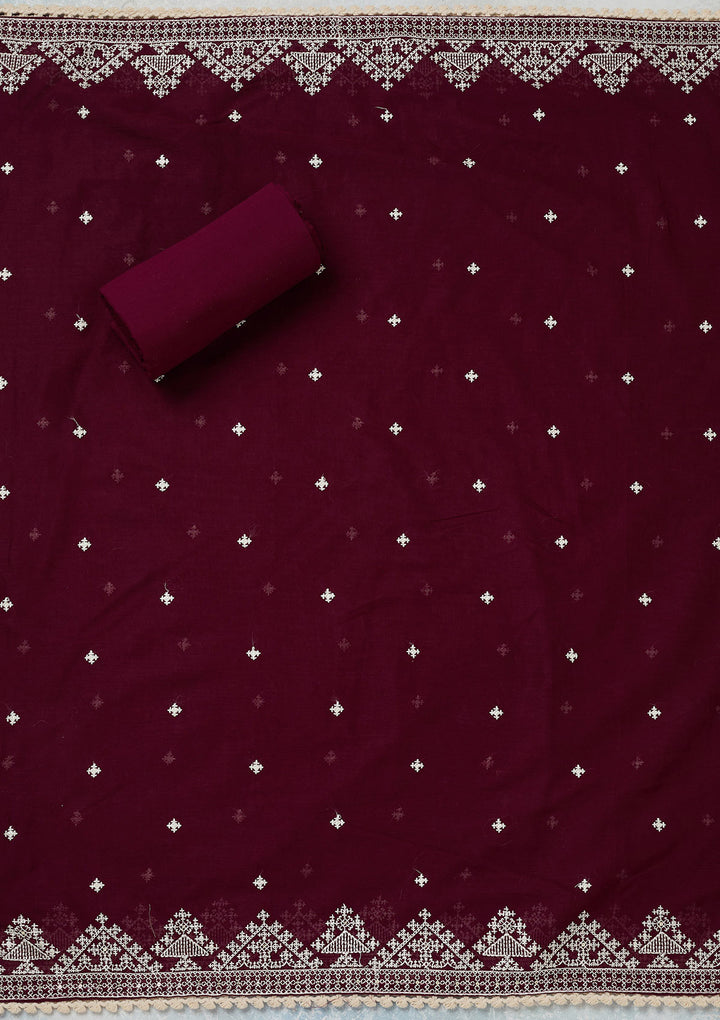 Wine Threadwork Semi Crepe Unstitched Salwar Suit